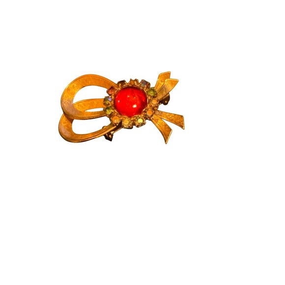 Vintage Jelly Belly Red Rhinestone Bow Brooch Pin Gold-Tone Metal With Multicolo - Picture 5 of 9